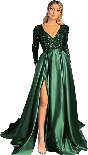 Fanciest V Neck Long Sleeve Prom Dresses with Slit Sequin Satin Formal Evening Gowns
