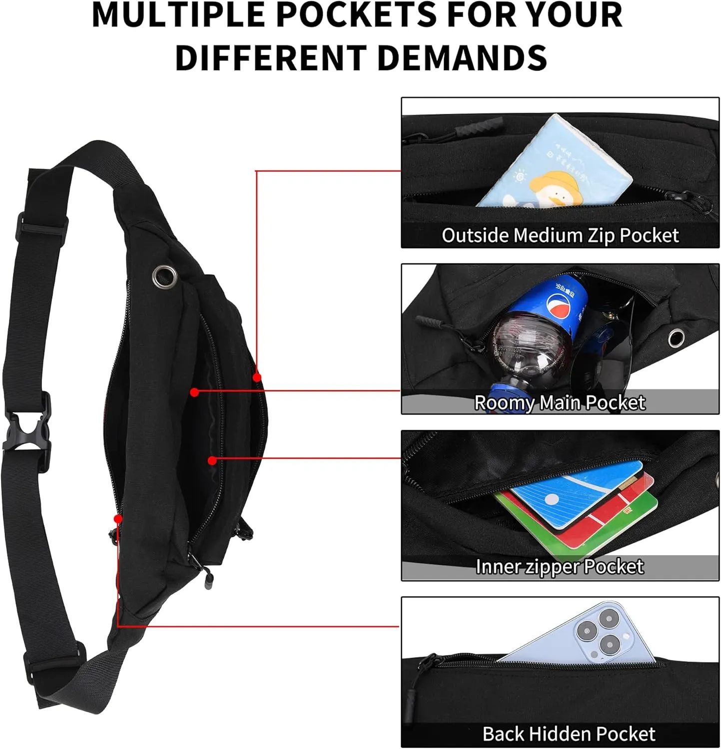 Fanny Pack with 4-Zipper Pockets for Men Women, Crossbody Waist Pack Gifts for Running Hiking Travel Workout Dog Walking Outdoors Sport Hands-Free Wallets Phone Bag Carrying All Phones Black