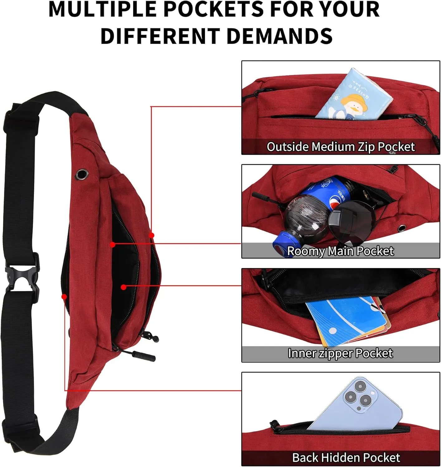 Fanny Pack with 4-Zipper Pockets for Men Women, Crossbody Waist Pack Gifts for Running Hiking Travel Workout Dog Walking Outdoors Sport Hands-Free Wallets Phone Bag Carrying All Phones Red