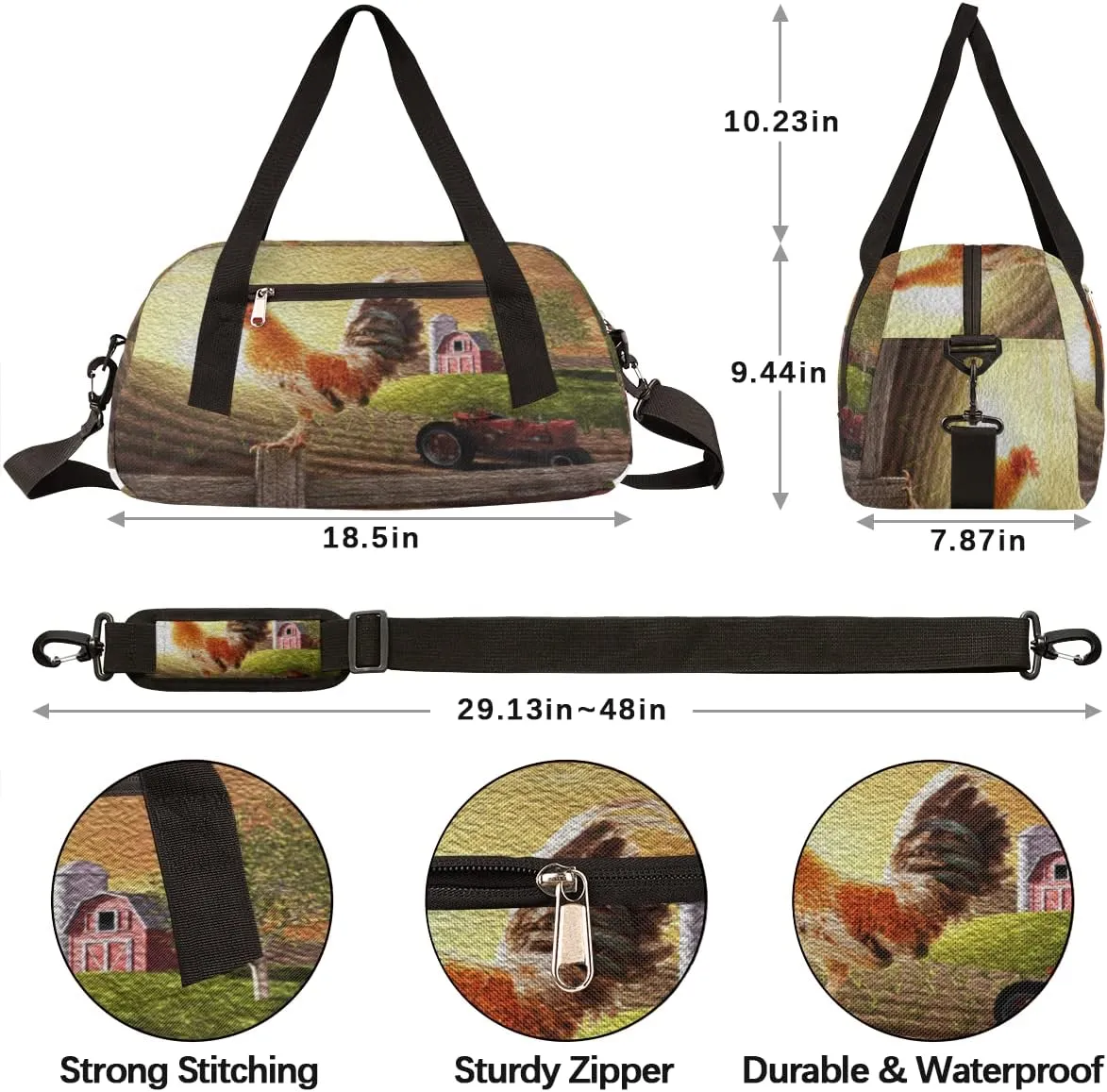 Farmhouse Rooster Farmland Kids Duffel Bag for Girls Boys Teens, Rooster Oil Painting Dance Bag Overnight Small Duffel Bag Carry On Weekend Sports Gym Travel Bag for School Practice Gymnastics Ballet