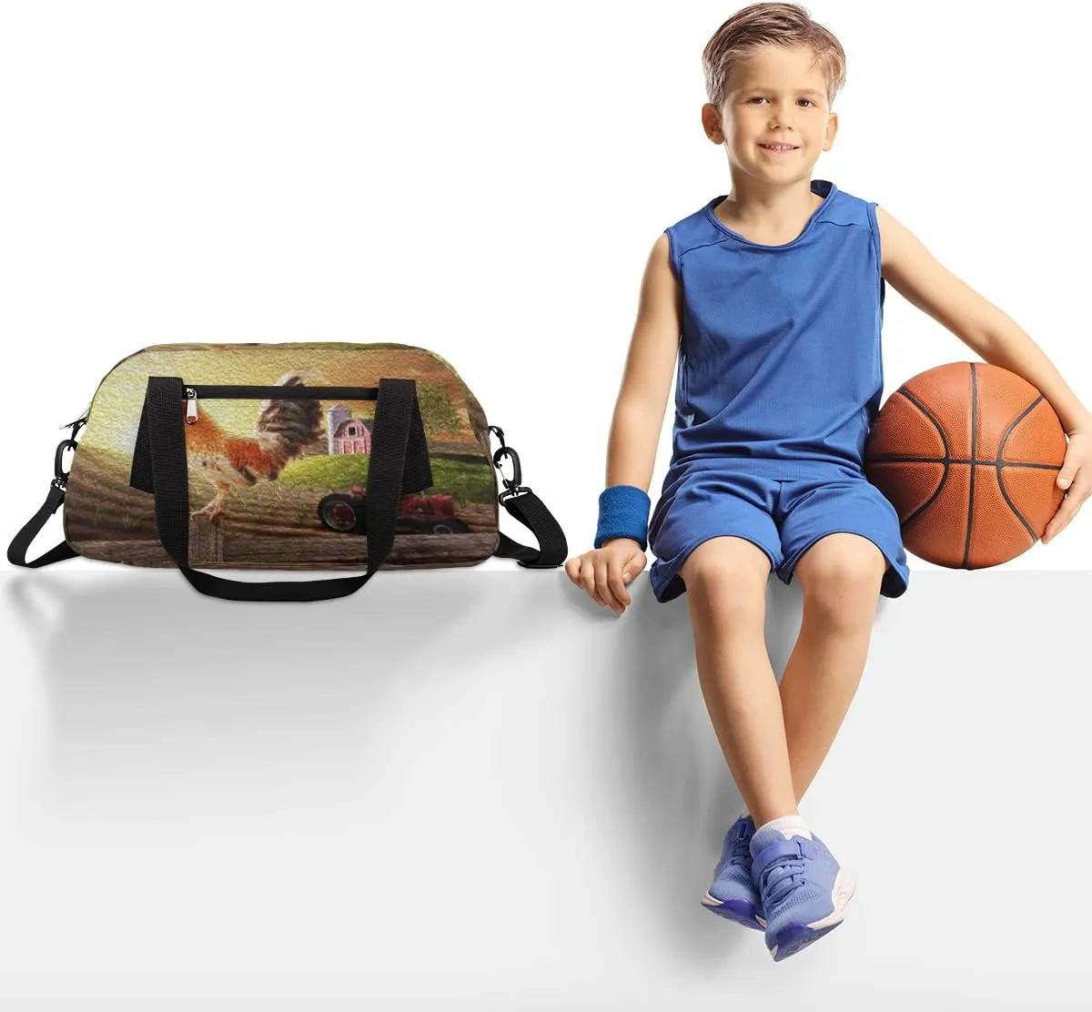 Farmhouse Rooster Farmland Kids Duffel Bag for Girls Boys Teens, Rooster Oil Painting Dance Bag Overnight Small Duffel Bag Carry On Weekend Sports Gym Travel Bag for School Practice Gymnastics Ballet