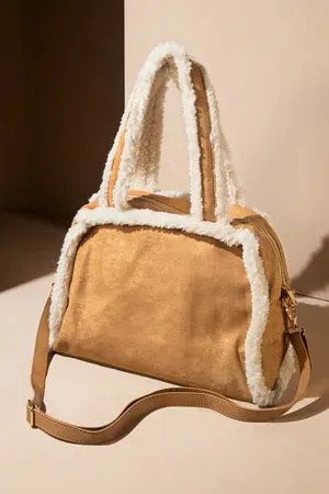 Faux Suede Fleece Trim Shoulder-Crossbody Bag