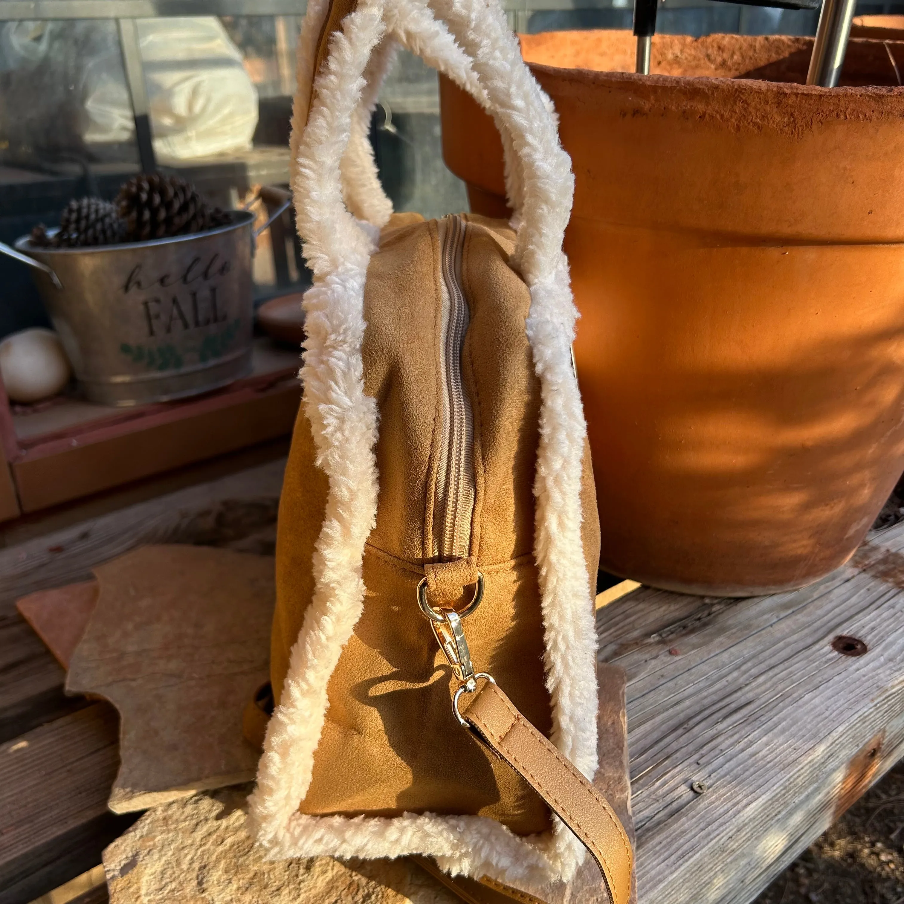 Faux Suede Fleece Trim Shoulder-Crossbody Bag
