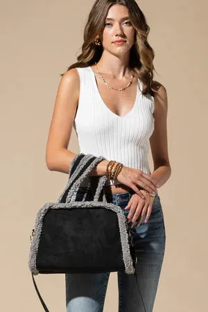 Faux Suede Fleece Trim Shoulder-Crossbody Bag