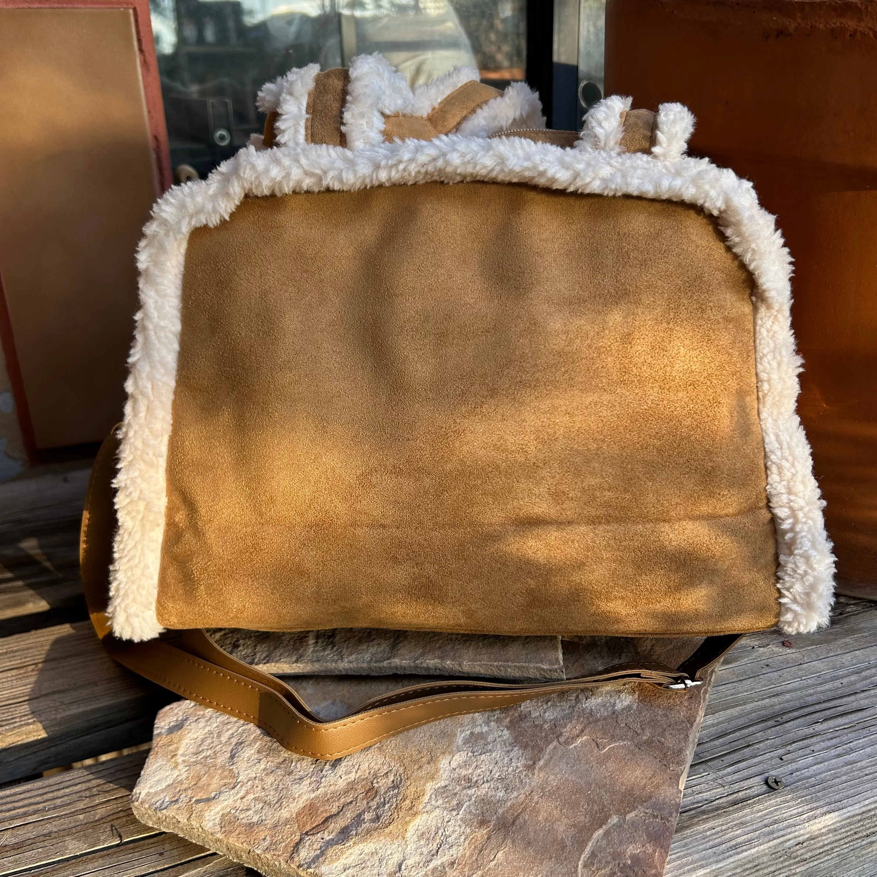 Faux Suede Fleece Trim Shoulder-Crossbody Bag