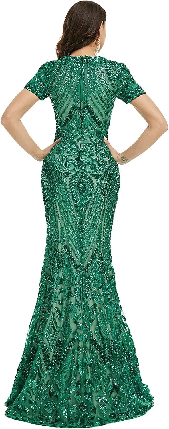 FCOMES Women's Short Sleeves Sequins Mermaid Evening Dress Formal Party Prom Gowns