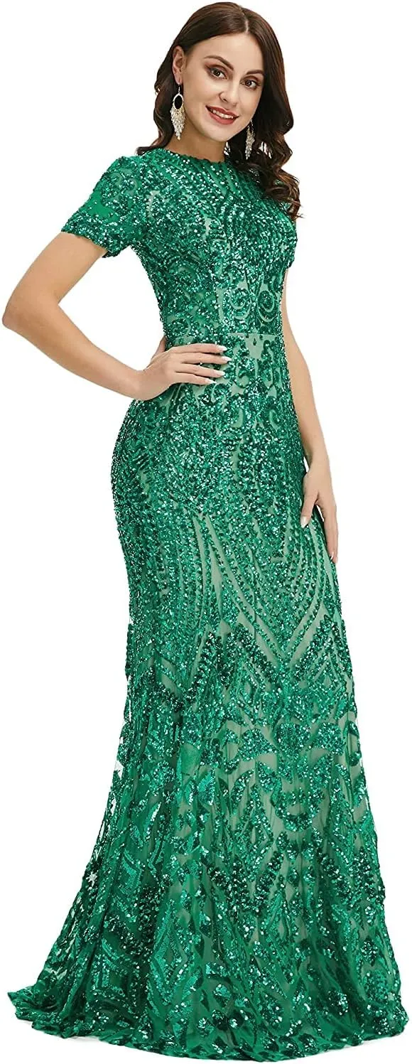 FCOMES Women's Short Sleeves Sequins Mermaid Evening Dress Formal Party Prom Gowns
