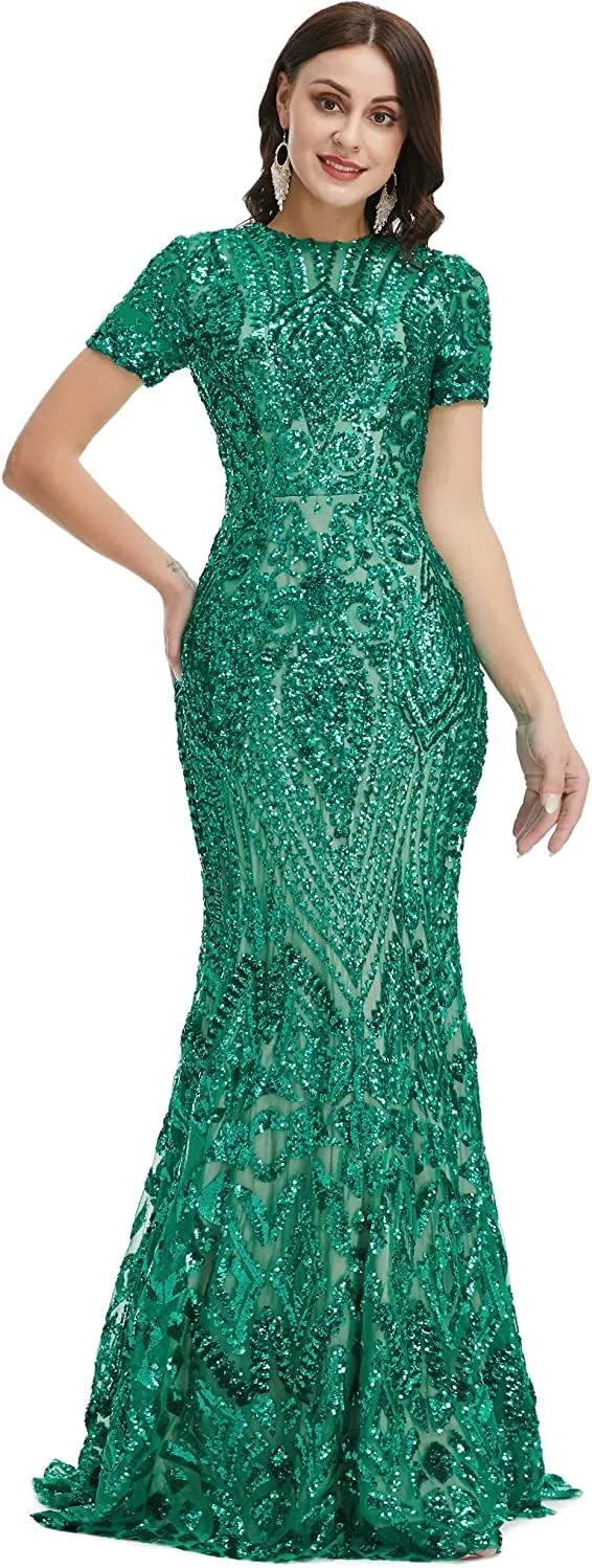 FCOMES Women's Short Sleeves Sequins Mermaid Evening Dress Formal Party Prom Gowns