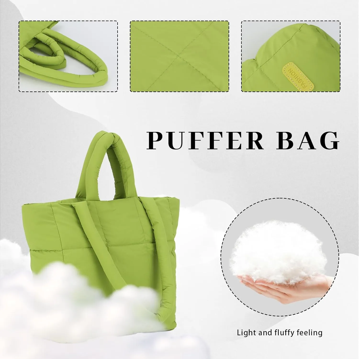 Fecialy Quilted Tote for Women - Large Puffer Shoulder Bag, Puffy Nylon Satchel Travel Handbag