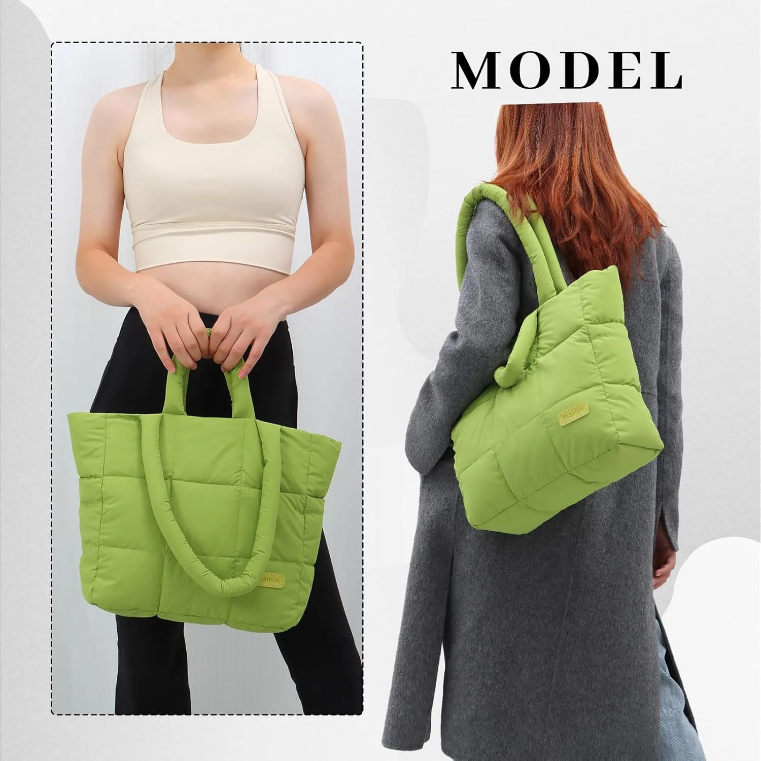 Fecialy Quilted Tote for Women - Large Puffer Shoulder Bag, Puffy Nylon Satchel Travel Handbag