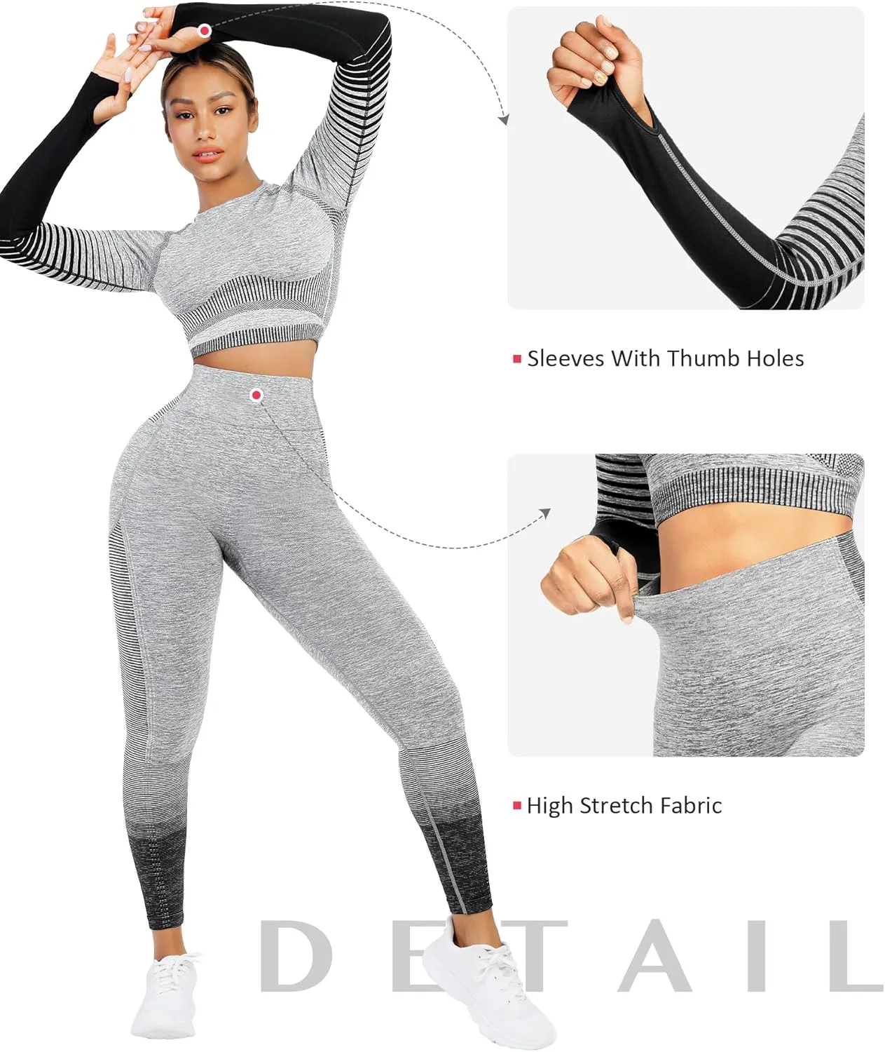 FeelinGirl Workout Sets for Women 2 Piece Long Sleeve Gym Outfit Yoga Set Crop Top High Waist Legging with Pocket