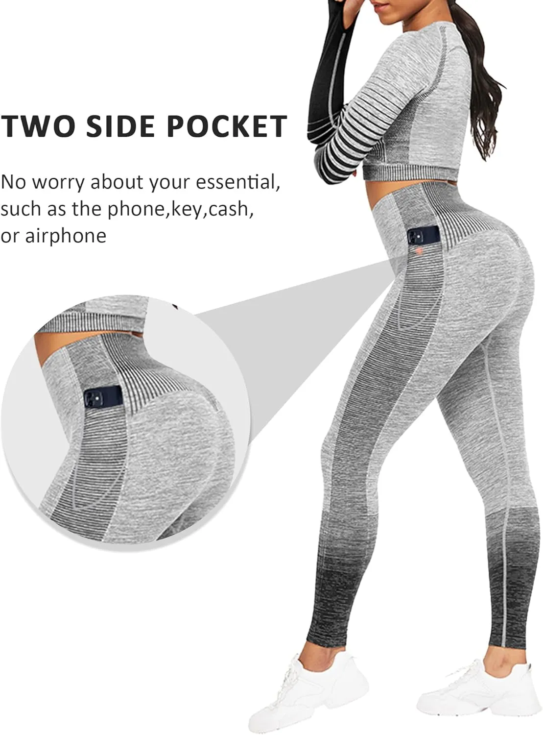 FeelinGirl Workout Sets for Women 2 Piece Long Sleeve Gym Outfit Yoga Set Crop Top High Waist Legging with Pocket
