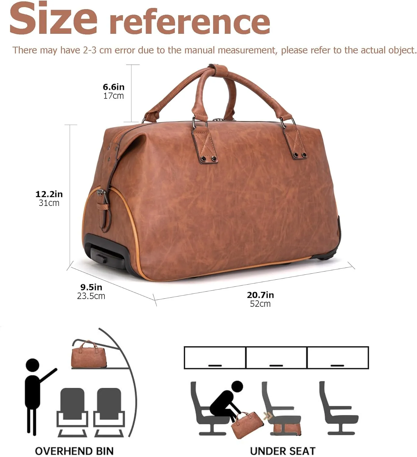 feilario Travel Duffel Bag with Wheels Leather Unisex Weekender Bags Waterproof Toiletry Bag Convenient Carry on Suitcase for Overnight Trip (Brown)
