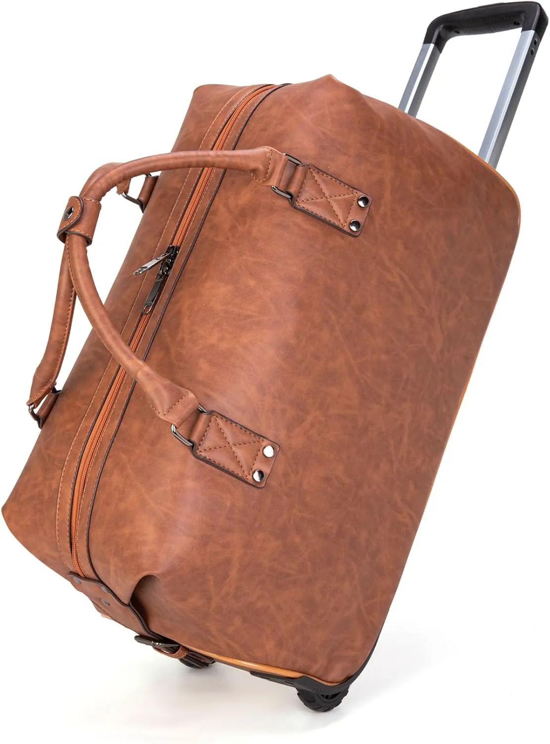 feilario Travel Duffel Bag with Wheels Leather Unisex Weekender Bags Waterproof Toiletry Bag Convenient Carry on Suitcase for Overnight Trip (Brown)