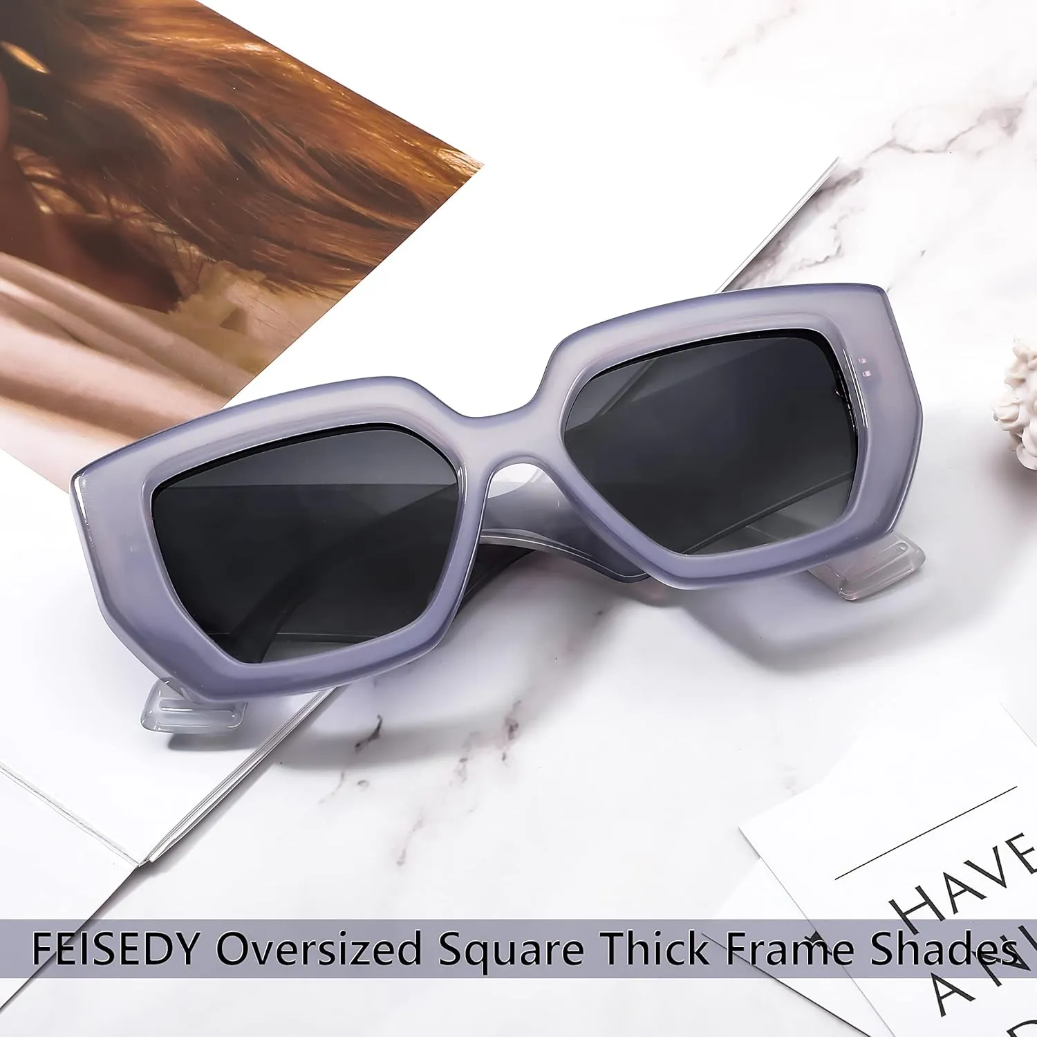 FEISEDY Oversized Square Sunglasses for Women Men Thick Frame Shades B4074