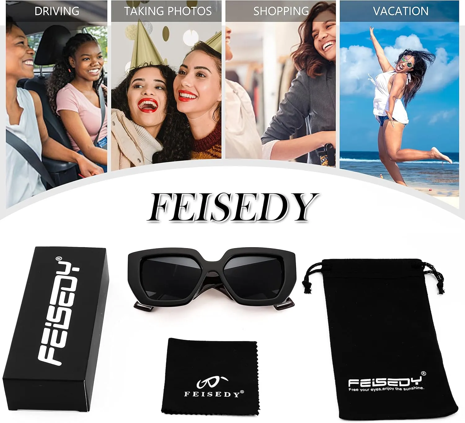 FEISEDY Oversized Square Sunglasses for Women Men Thick Frame Shades B4074