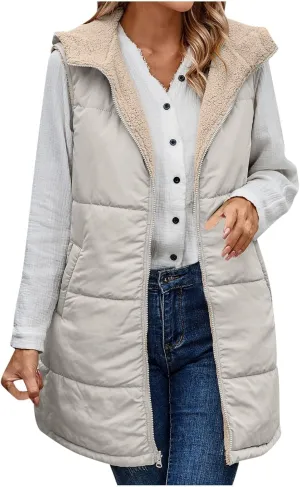 Firzero Puffer Vest Women Long Winter Sleeveless Quilted Jacket Plush Hooded Zip Up Vest 2024 Sherpa Fleece Jackets Hoodie