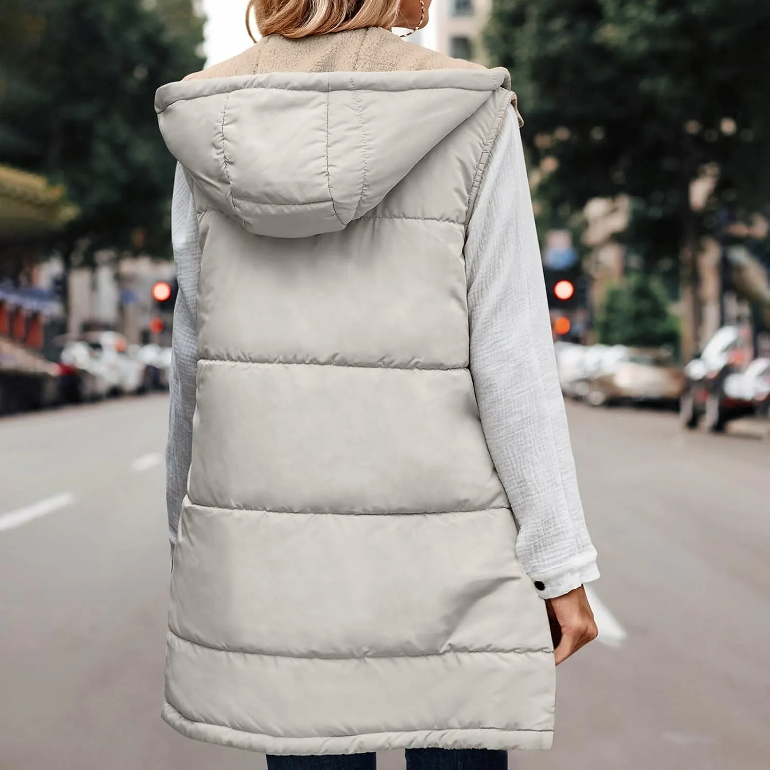 Firzero Puffer Vest Women Long Winter Sleeveless Quilted Jacket Plush Hooded Zip Up Vest 2024 Sherpa Fleece Jackets Hoodie