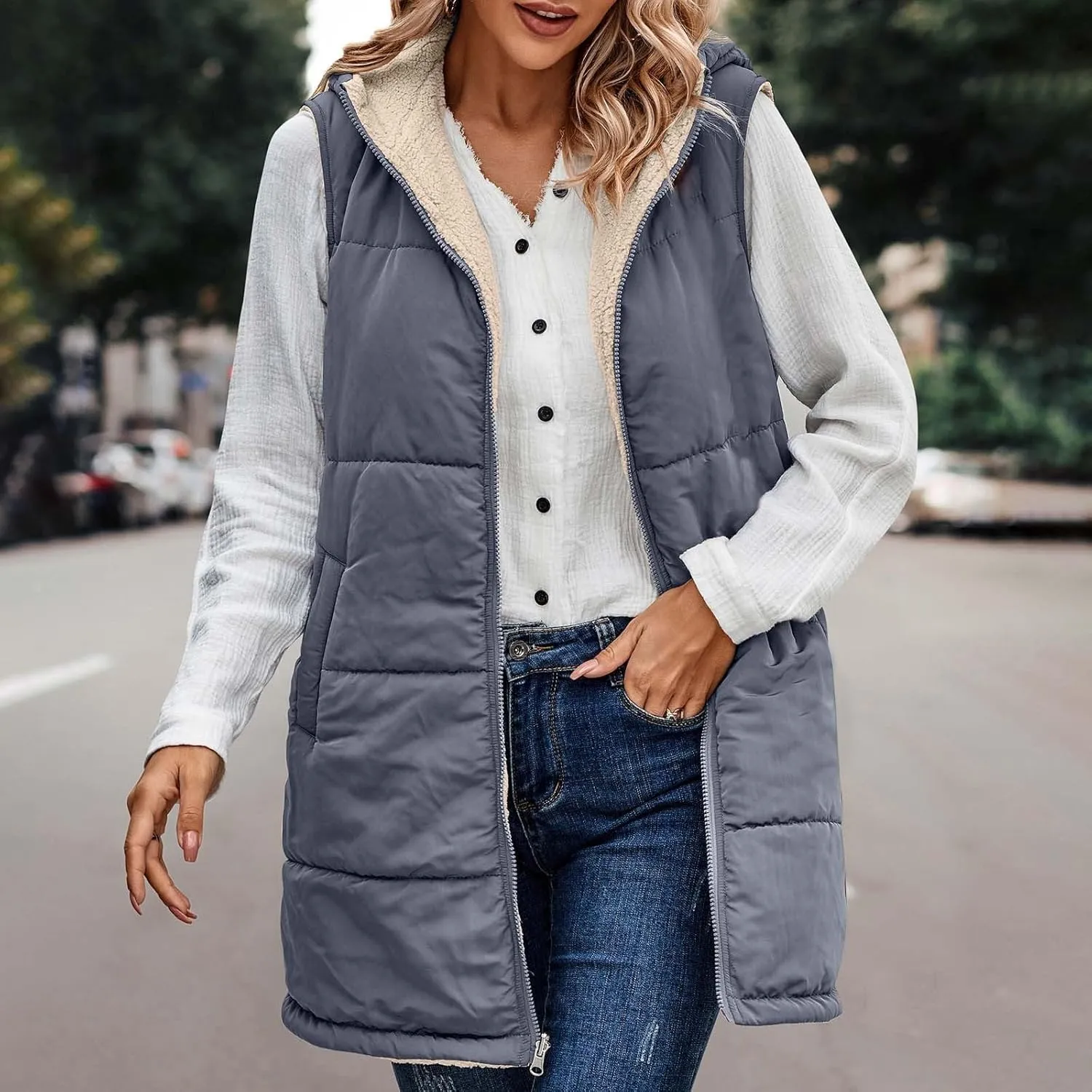 Firzero Puffer Vest Women Long Winter Sleeveless Quilted Jacket Plush Hooded Zip Up Vest 2024 Sherpa Fleece Jackets Hoodie