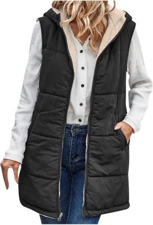 Firzero Puffer Vest Women Long Winter Sleeveless Quilted Jacket Plush Hooded Zip Up Vest 2024 Sherpa Fleece Jackets Hoodie