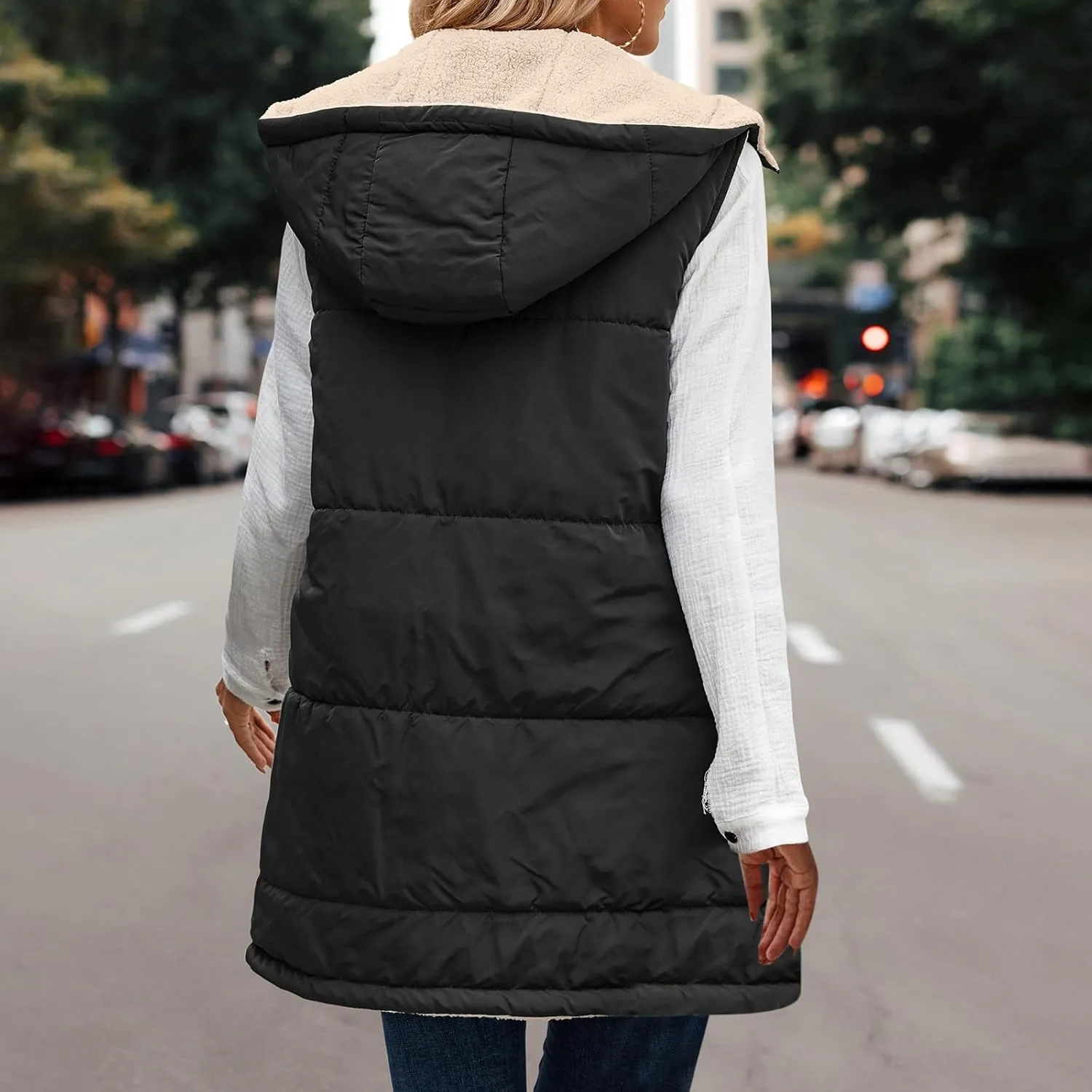 Firzero Puffer Vest Women Long Winter Sleeveless Quilted Jacket Plush Hooded Zip Up Vest 2024 Sherpa Fleece Jackets Hoodie