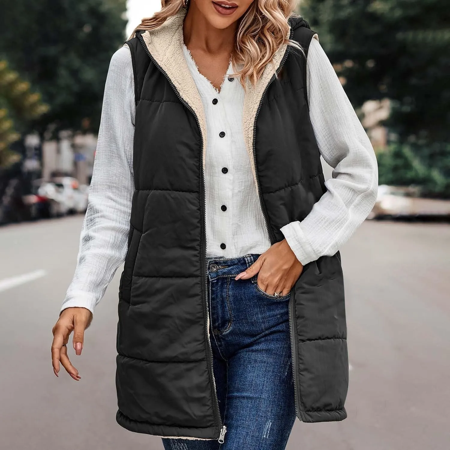Firzero Puffer Vest Women Long Winter Sleeveless Quilted Jacket Plush Hooded Zip Up Vest 2024 Sherpa Fleece Jackets Hoodie
