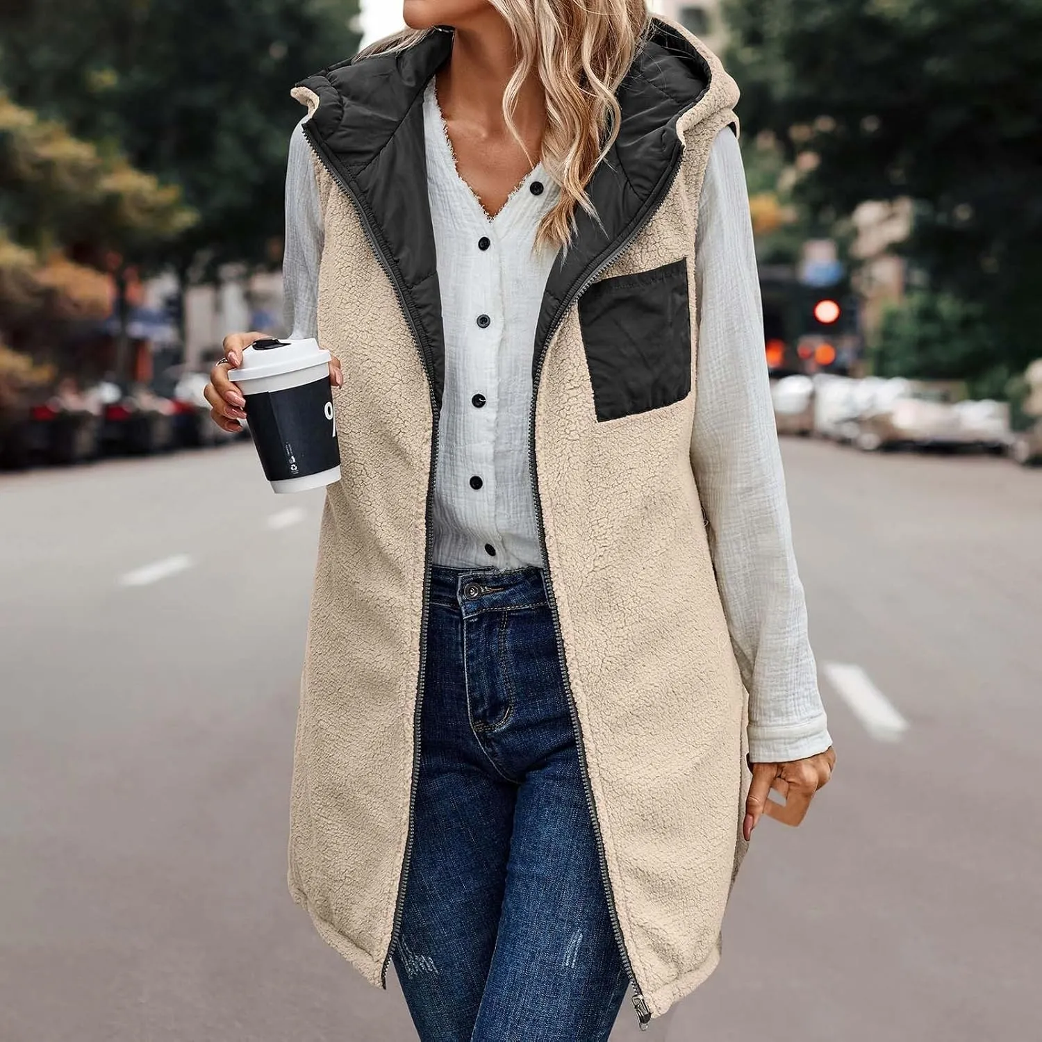 Firzero Puffer Vest Women Long Winter Sleeveless Quilted Jacket Plush Hooded Zip Up Vest 2024 Sherpa Fleece Jackets Hoodie