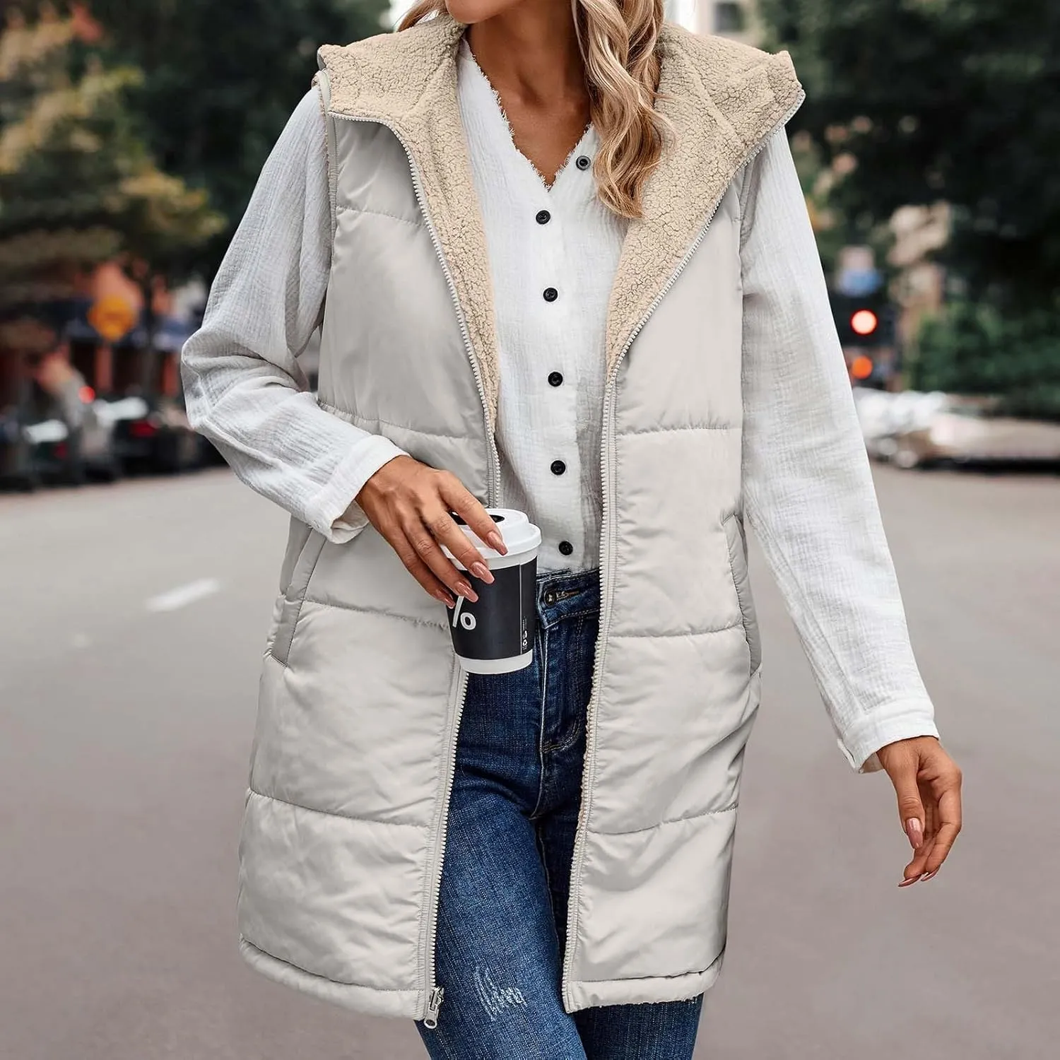 Firzero Puffer Vest Women Long Winter Sleeveless Quilted Jacket Plush Hooded Zip Up Vest 2024 Sherpa Fleece Jackets Hoodie