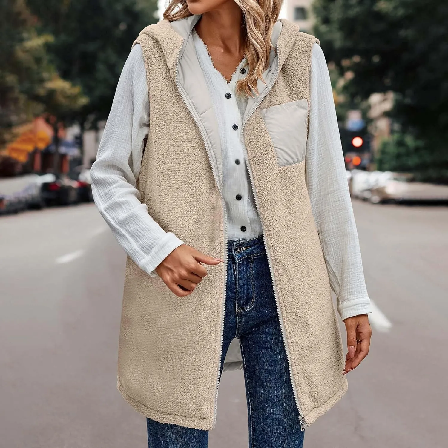 Firzero Puffer Vest Women Long Winter Sleeveless Quilted Jacket Plush Hooded Zip Up Vest 2024 Sherpa Fleece Jackets Hoodie