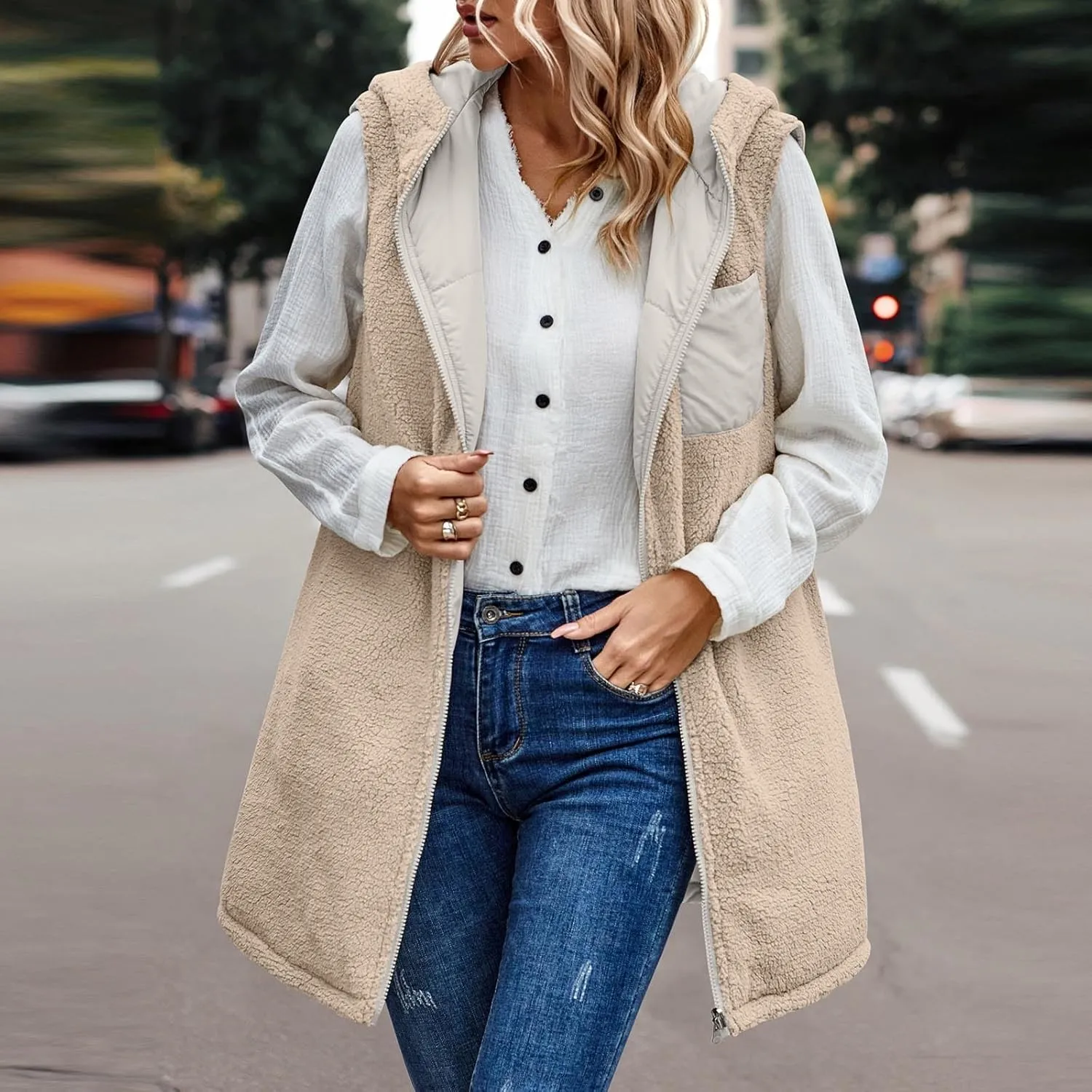 Firzero Puffer Vest Women Long Winter Sleeveless Quilted Jacket Plush Hooded Zip Up Vest 2024 Sherpa Fleece Jackets Hoodie