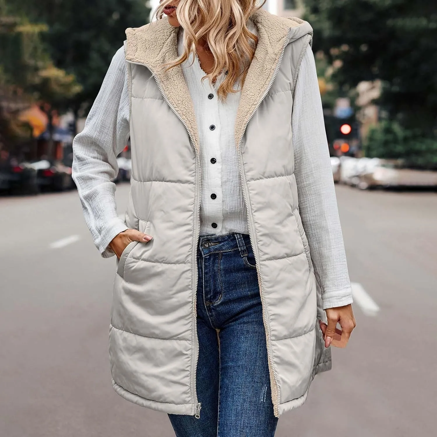 Firzero Puffer Vest Women Long Winter Sleeveless Quilted Jacket Plush Hooded Zip Up Vest 2024 Sherpa Fleece Jackets Hoodie
