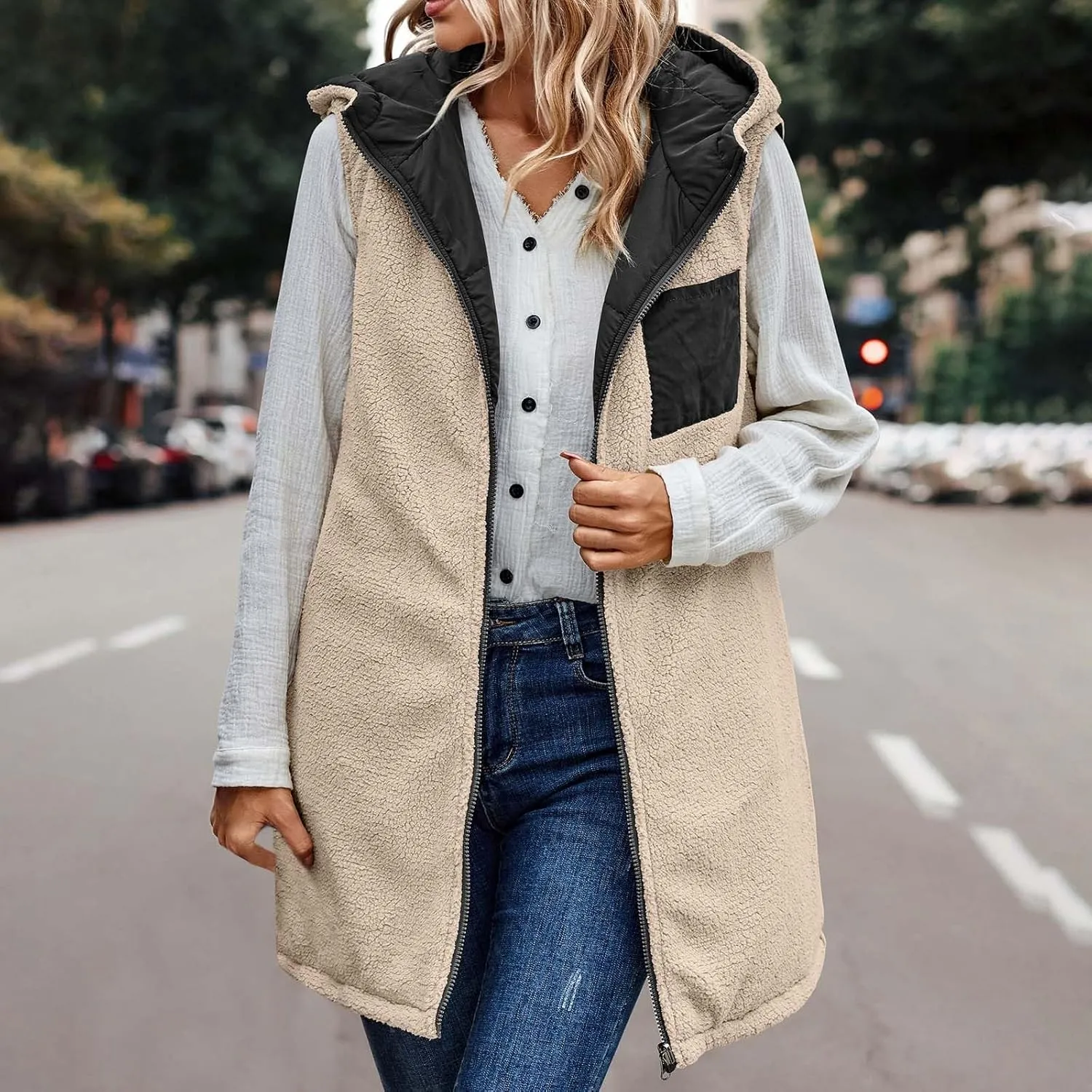 Firzero Puffer Vest Women Long Winter Sleeveless Quilted Jacket Plush Hooded Zip Up Vest 2024 Sherpa Fleece Jackets Hoodie