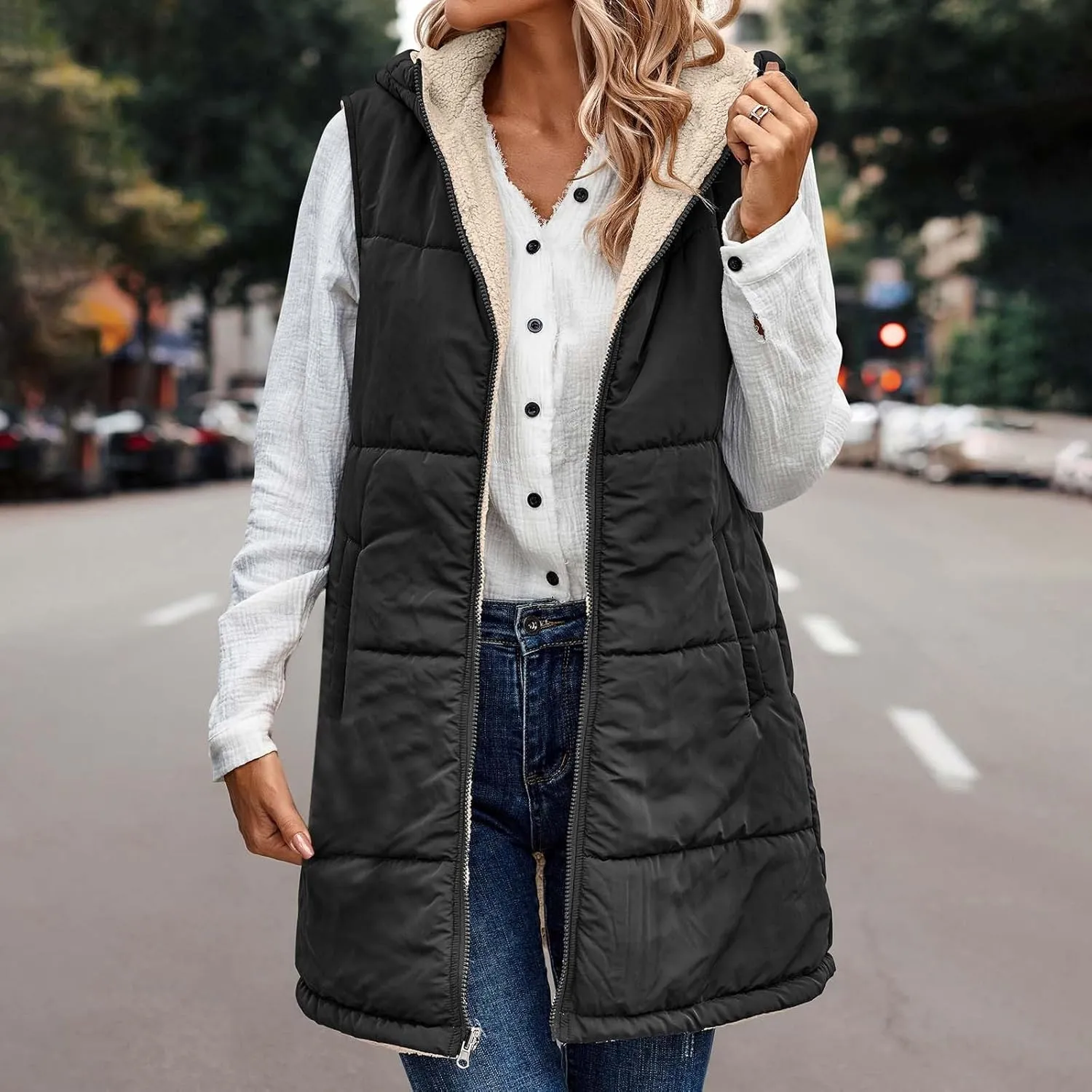 Firzero Puffer Vest Women Long Winter Sleeveless Quilted Jacket Plush Hooded Zip Up Vest 2024 Sherpa Fleece Jackets Hoodie