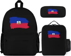 Flag Haiti from Brush Strokes 3 Pcs Backpack Set Lunch Box Portable Ice Cooler Tote Bag with Adjustable Shoulder Strap