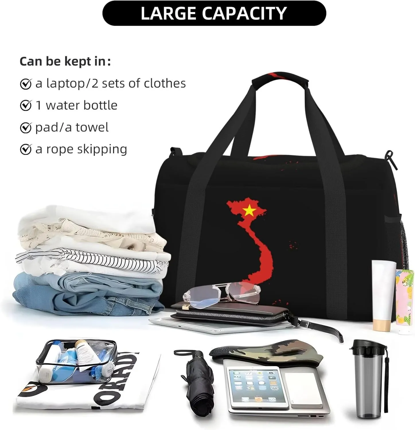 Flag Map Of Vietnam Travel Duffel Bag Large Foldable Waterproof Overnight Bag For Beach Swim Bags Pool Sports Gym