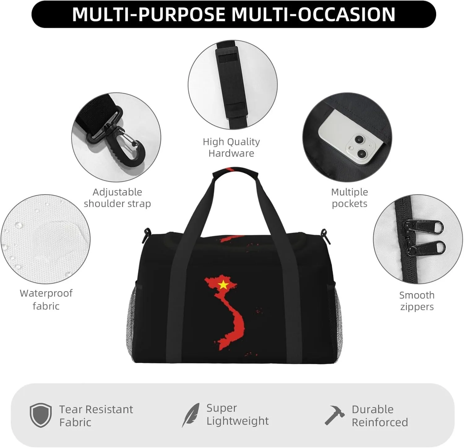 Flag Map Of Vietnam Travel Duffel Bag Large Foldable Waterproof Overnight Bag For Beach Swim Bags Pool Sports Gym