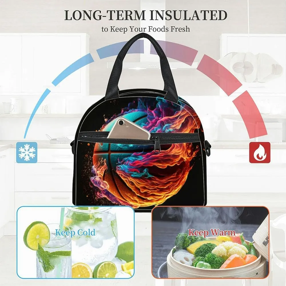 flame Basketball the air enveloped flames from energy Insulated Adult Lunch Bag with Shoulder Strap for Women Lightweight Reusable Portable Freezable Lunch Tote Bag for Work Picnic