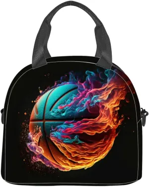 flame Basketball the air enveloped flames from energy Insulated Adult Lunch Bag with Shoulder Strap for Women Lightweight Reusable Portable Freezable Lunch Tote Bag for Work Picnic
