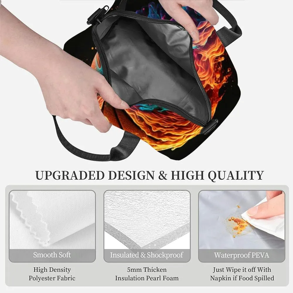 flame Basketball the air enveloped flames from energy Insulated Adult Lunch Bag with Shoulder Strap for Women Lightweight Reusable Portable Freezable Lunch Tote Bag for Work Picnic