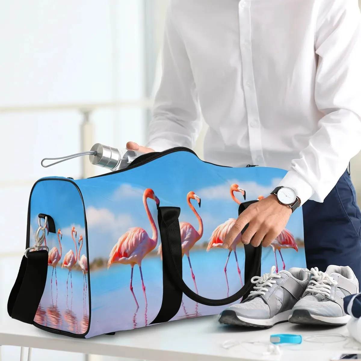 Flamingo Bird Travel Duffel Bag for Women Men Waterproof Foldable Overnight Weekender Bag Large Capacity Sports Gym Bag