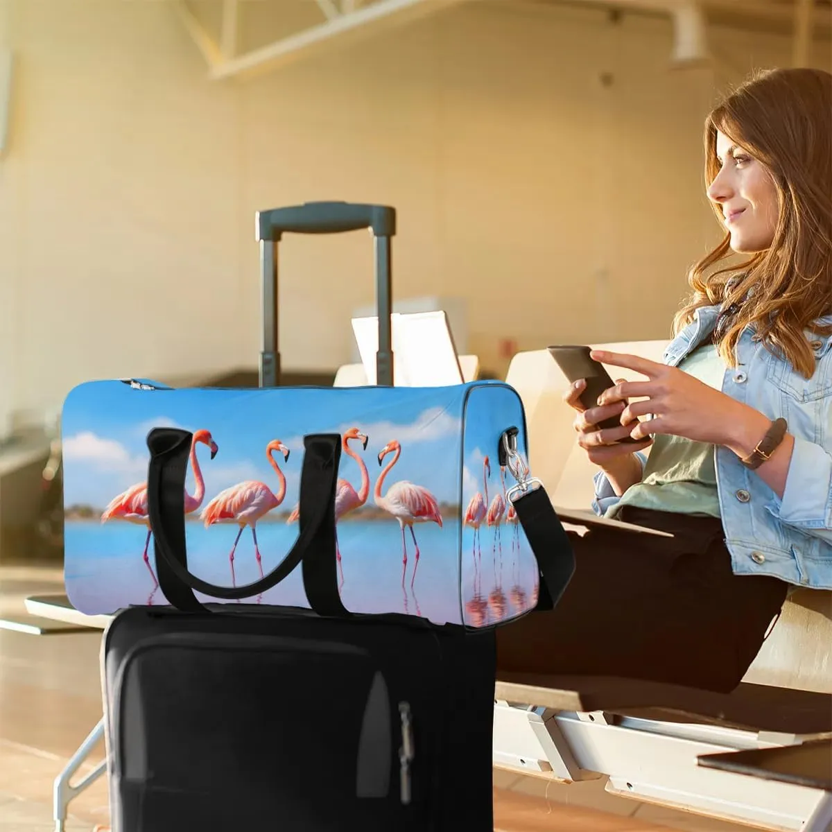 Flamingo Bird Travel Duffel Bag for Women Men Waterproof Foldable Overnight Weekender Bag Large Capacity Sports Gym Bag