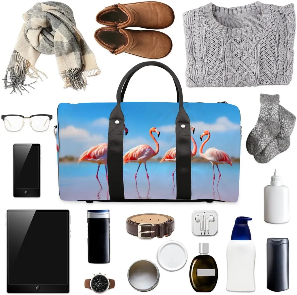 Flamingo Bird Travel Duffel Bag for Women Men Waterproof Foldable Overnight Weekender Bag Large Capacity Sports Gym Bag