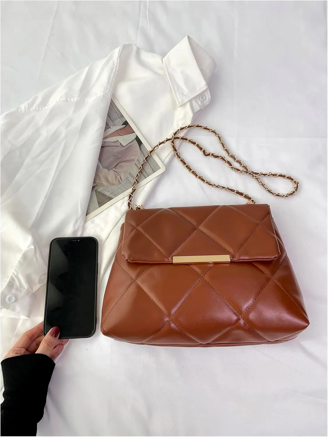 Floerns Women's Quilted Tote Bag Square Bag Leather Clutch Purse Flap Shoulder Bag