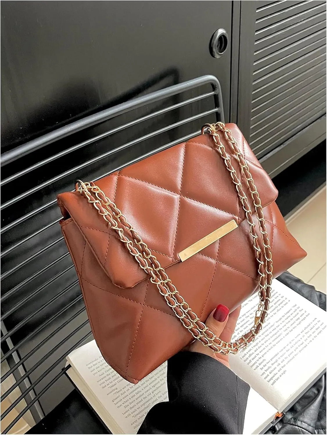 Floerns Women's Quilted Tote Bag Square Bag Leather Clutch Purse Flap Shoulder Bag