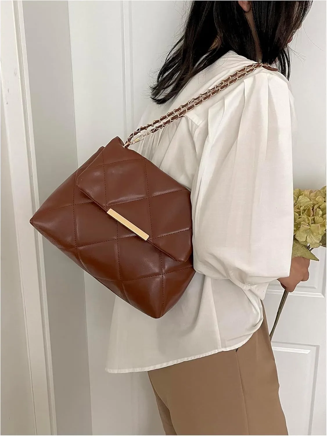 Floerns Women's Quilted Tote Bag Square Bag Leather Clutch Purse Flap Shoulder Bag
