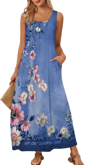 Floral Dresses for Women 2025 Sleeveless Crewneck Long Tank Church Sundress with Pockets,S-2XL