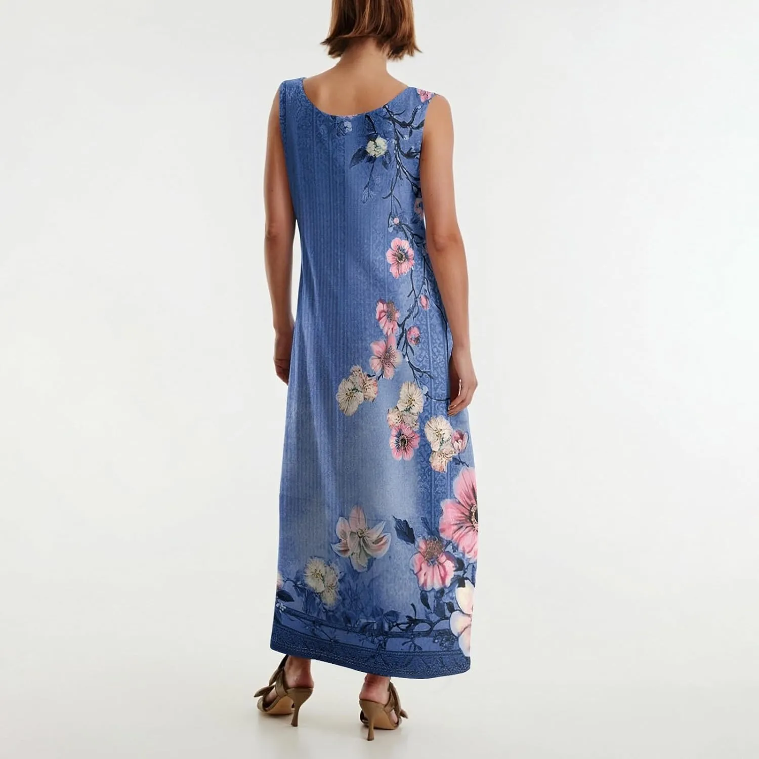 Floral Dresses for Women 2025 Sleeveless Crewneck Long Tank Church Sundress with Pockets,S-2XL