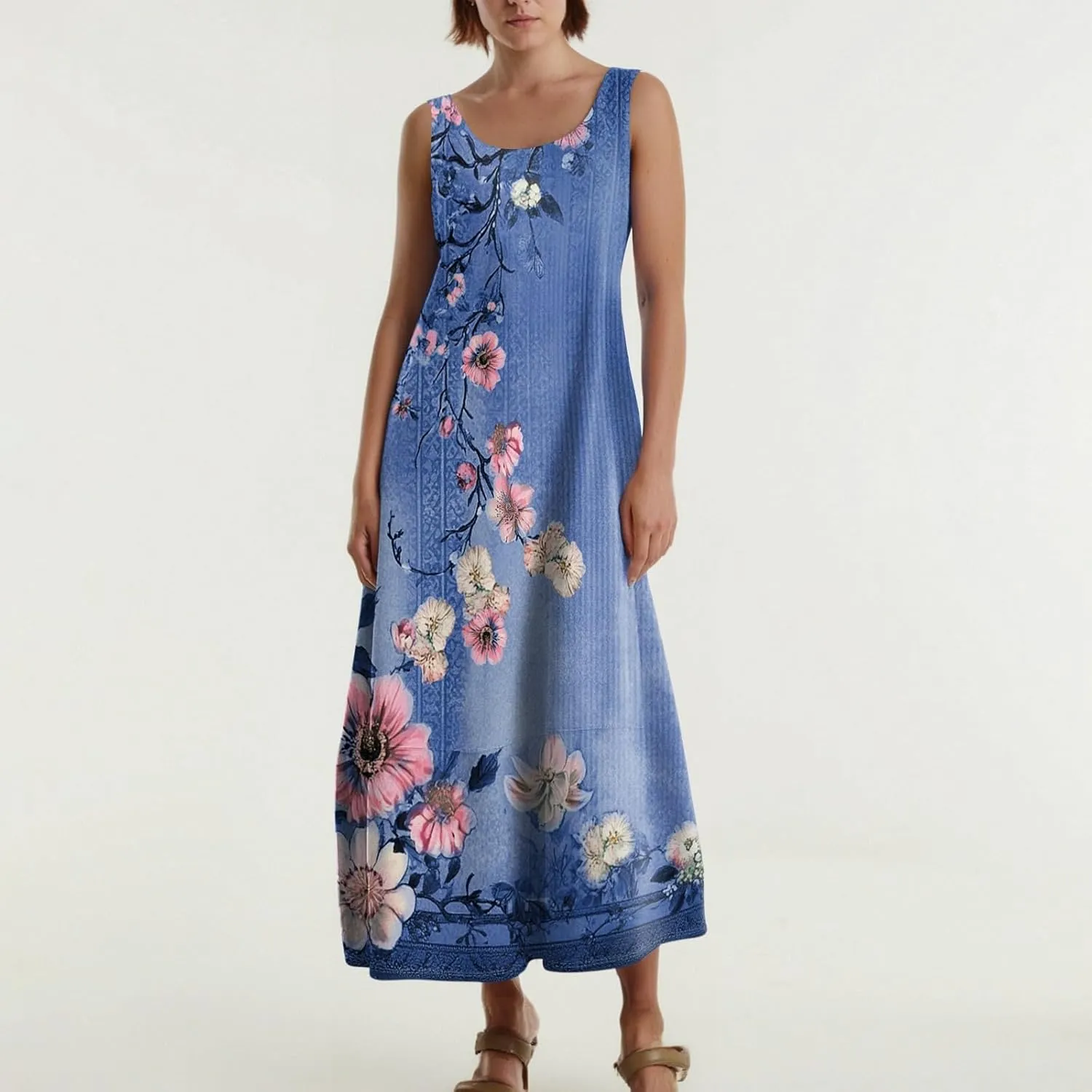 Floral Dresses for Women 2025 Sleeveless Crewneck Long Tank Church Sundress with Pockets,S-2XL