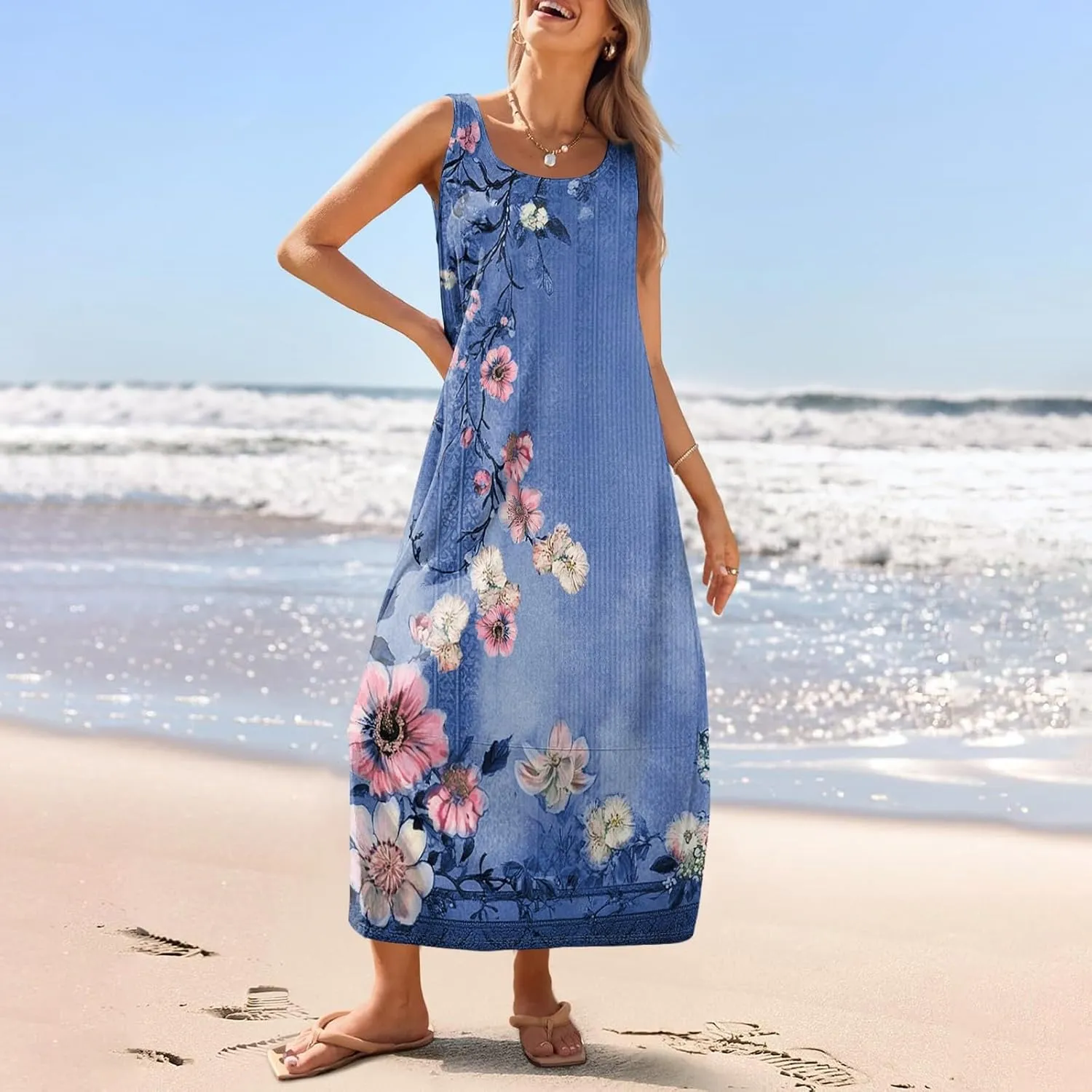 Floral Dresses for Women 2025 Sleeveless Crewneck Long Tank Church Sundress with Pockets,S-2XL