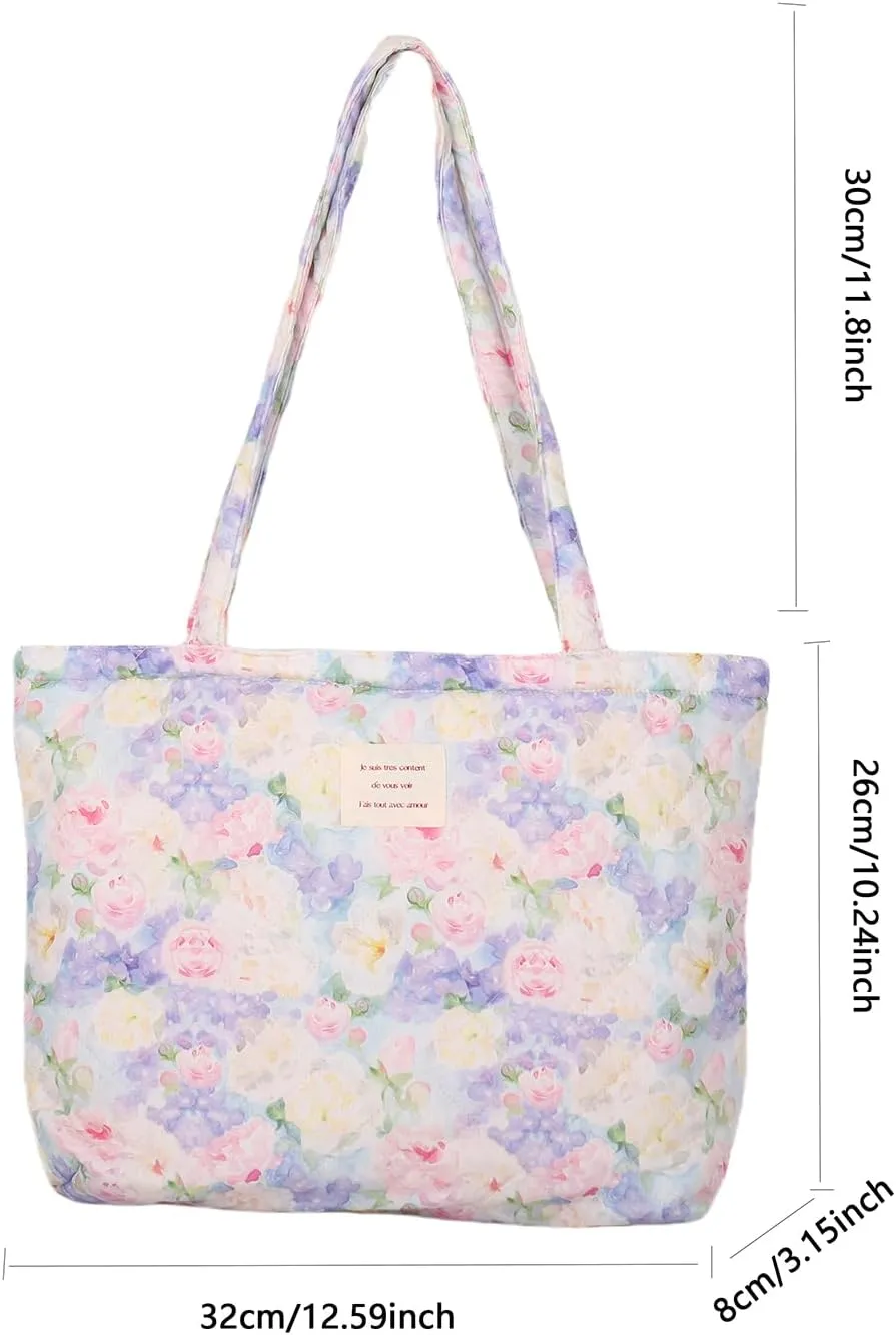 Floral Quilted Cotton Shoulder Bag for Women Daily Use Medium Size Handbag Large Capacity Thickened Design Tote